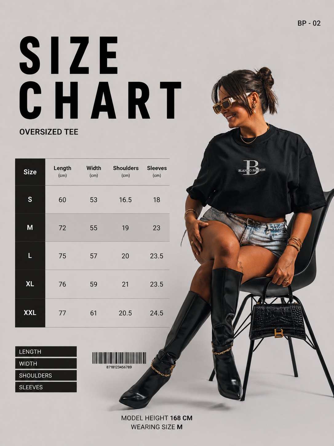 Size chart for the Black Ikarus Heavyweight T-Shirt: length, width, shoulders and sleeves in cm for sizes S to XXL, with the height and size of the model