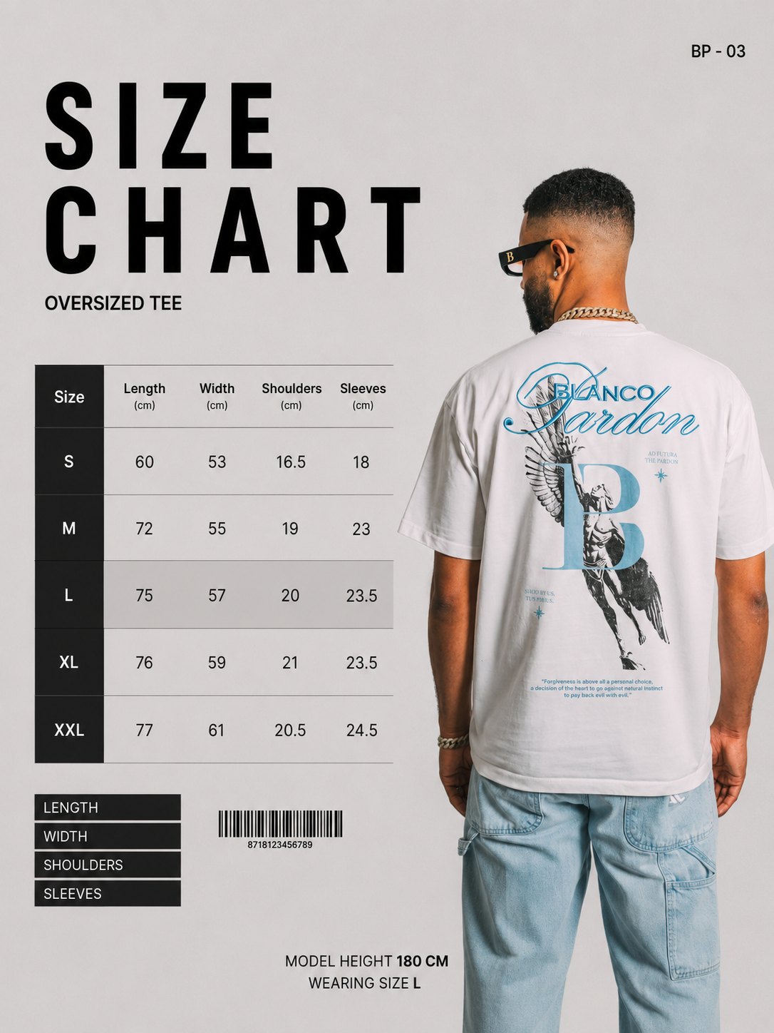 Size chart for the Blue Ikarus Heavyweight T-Shirt: length, width, shoulders and sleeves in cm for sizes S to XXL, with the height and size of the model