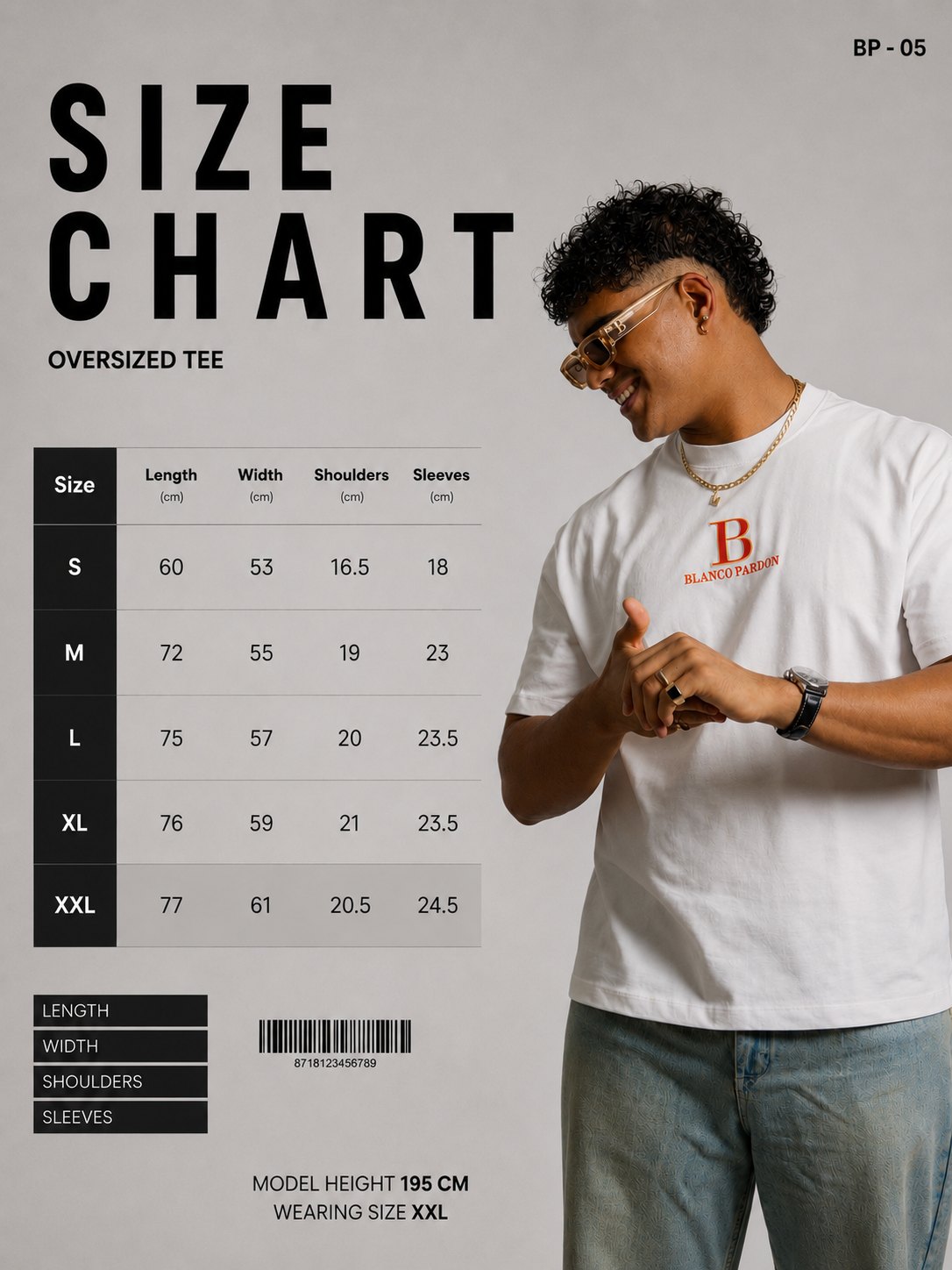 Size chart for the Orange Ikarus Heavyweight T-Shirt: length, width, shoulders and sleeves in cm for sizes S to XXL, with the height and size of the model