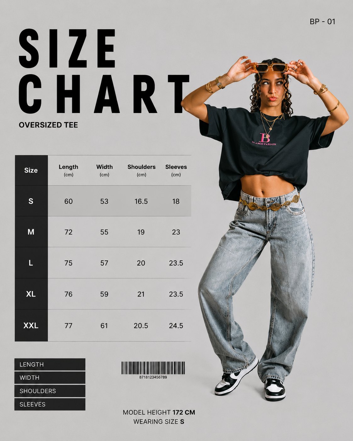 Size chart for the Pink Ikarus Heavyweight T-Shirt: length, width, shoulders and sleeves in cm for sizes S to XXL, with the height and size of the model