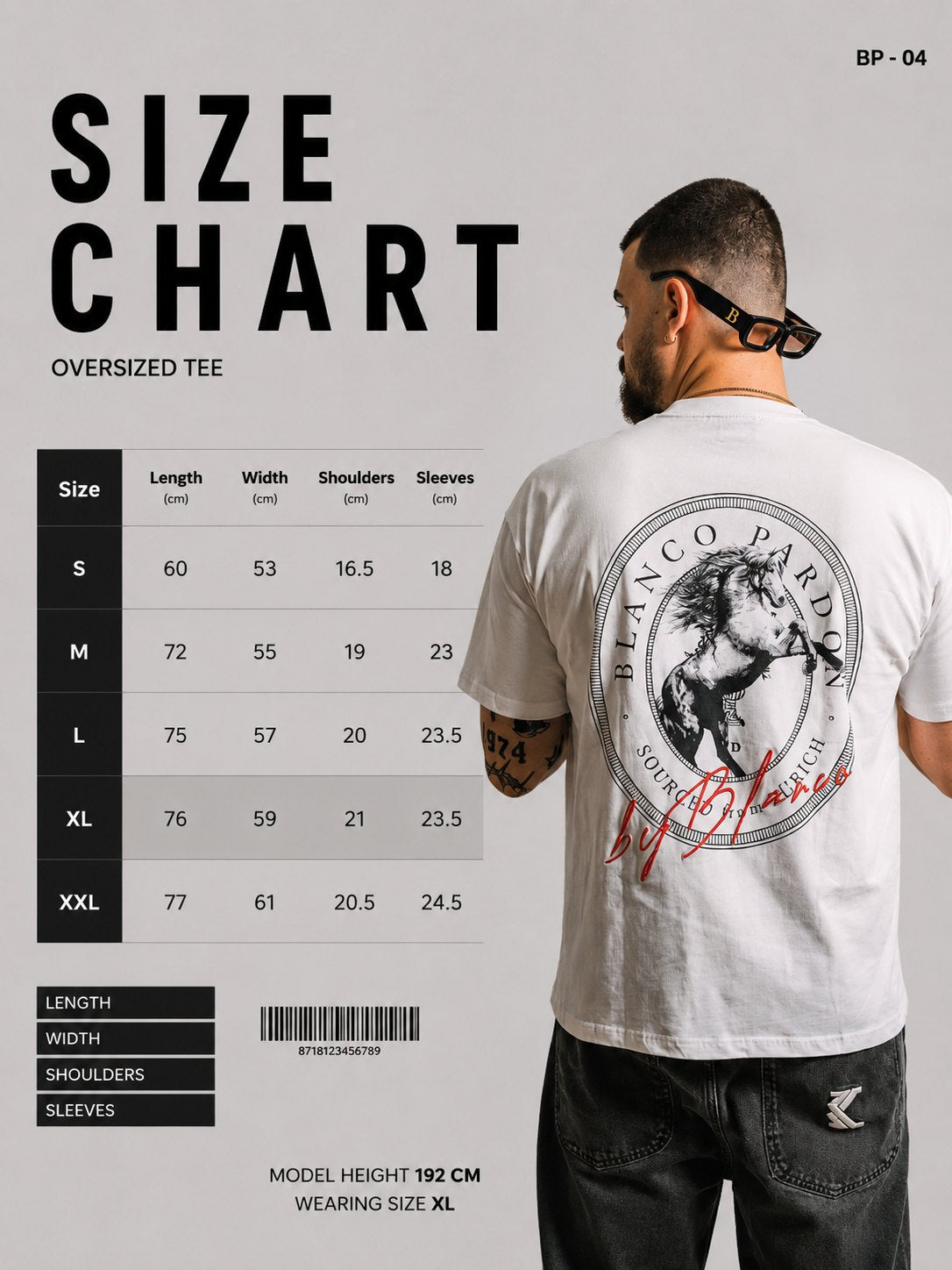 Size chart for the White Mustang Heavyweight T-Shirt: length, width, shoulders and sleeves in cm for sizes S to XXL, with the height and size of the model